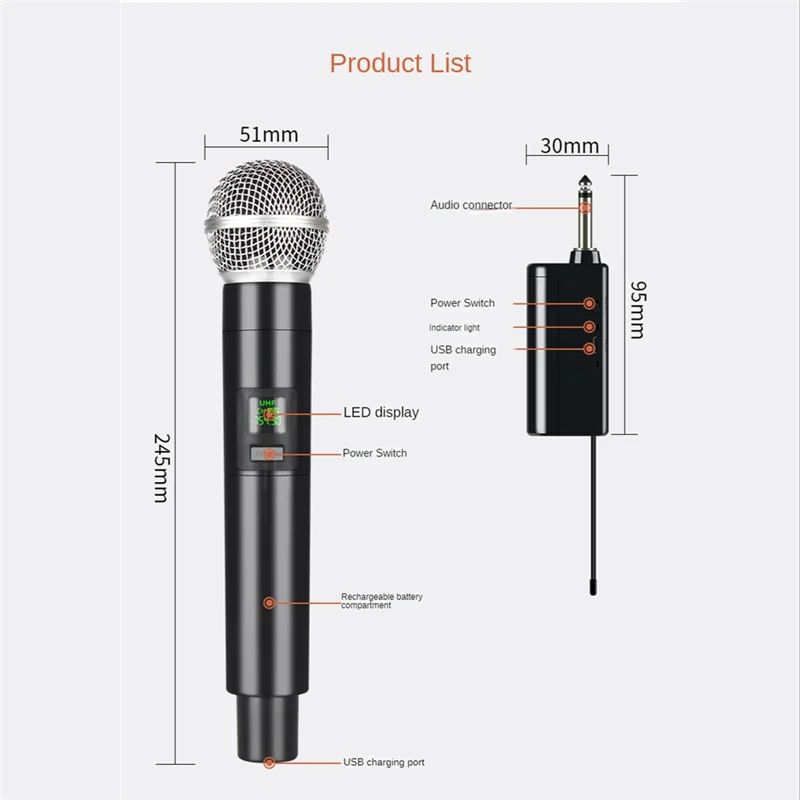 휴대용 무선 마이크 전문 UHF 녹음 노래방, 1 채널 리튬 배터리, 무대 교회 파티 학교