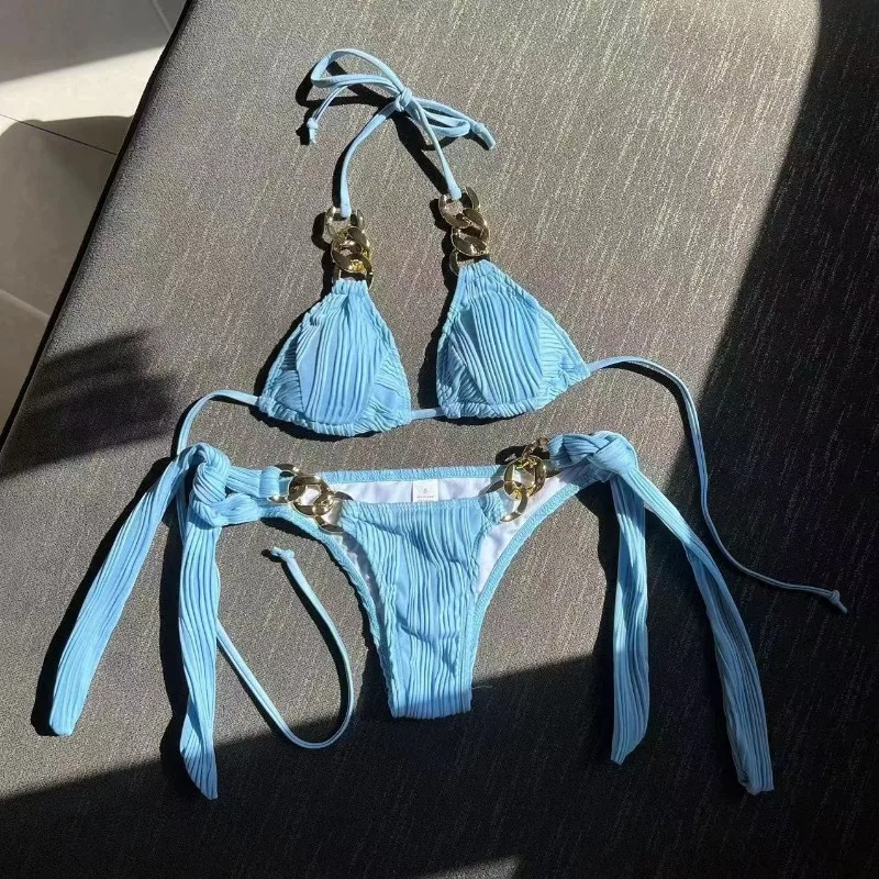 Women's 2 Piece Chain Linked Halter Triangle Tie Side Bikini Sets Swimsuit Beachwear