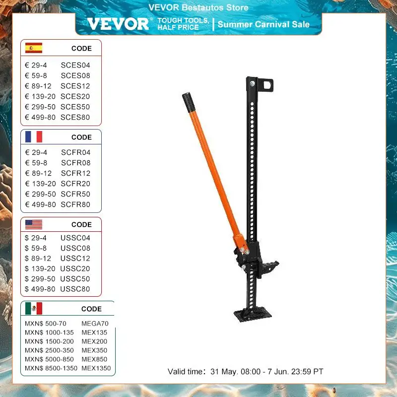 VEVOR Cric Tout-Terrain 4x4 Cric Agricole Charge 3,18 T Cric Hi-Lift Haut 152,5 Cm Plage De