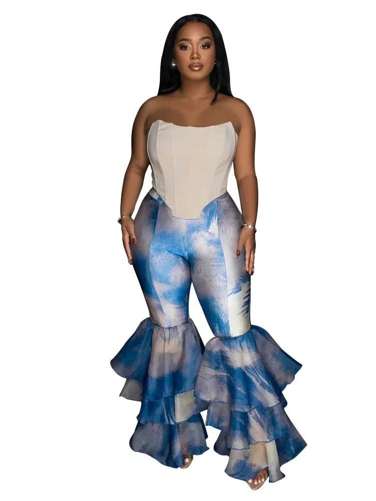 Wmstar Colorful Women's High Waisted Slim Fit Pants Tie Dye Printed Flared Pants with Ruffle Edges Wholesale Dropshipping 2024