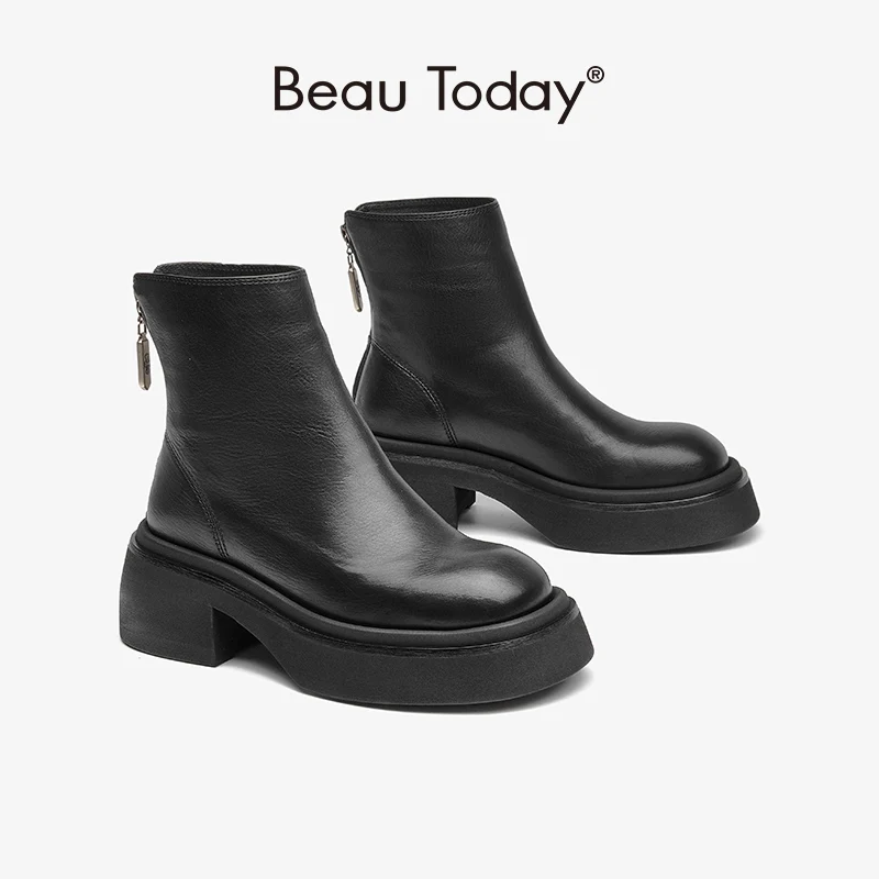 BeauToday-청키 앵클 부츠 라운드 토 지퍼 발굽 천연 소 가죽 플랫폼 구두 03A23 여성용, 발굽, 숙녀화, 가을