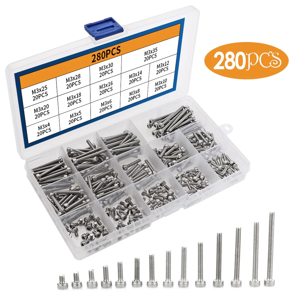 Cabeça Parafuso Sextavado Soquete Cabeça Tampa Parafusos A270 304 Aço Inoxidável Din912 m3 m4 m5 m6 m8 Hex Parafuso Soquete Kit 120 180 280 Peças