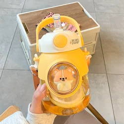 Cute Kawaii Cartoon Kids Water Bottle with Straw - Large Capacity 820ml - 820ml (Yellow)