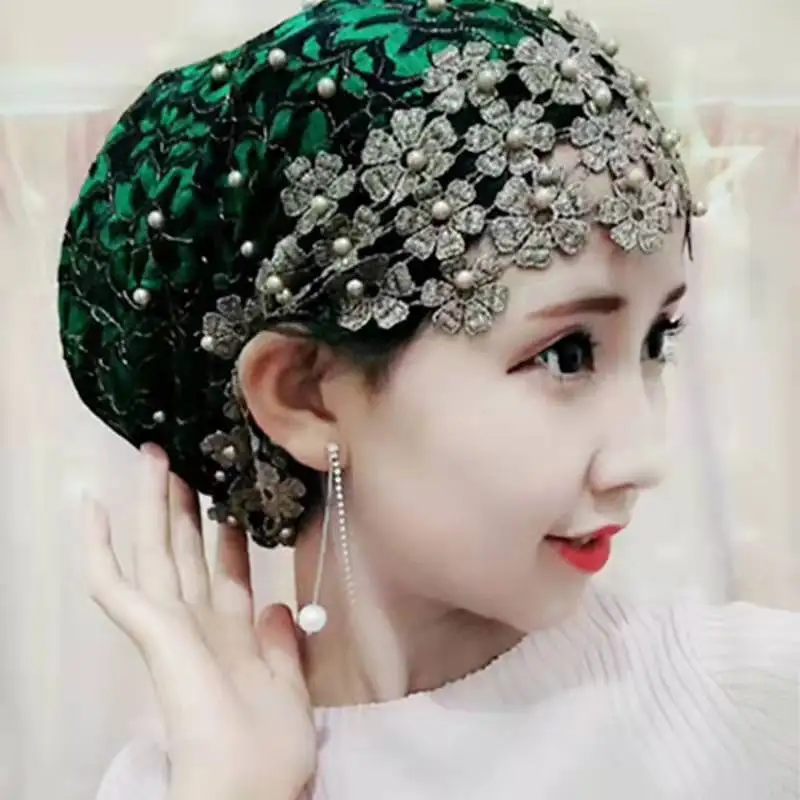 Fashion Headwear Turban Summer Lace Beaded Head Wraps Caps for Women Muslim Hijab Inner Hat Female Hair Care Headscarf Bonnets 2