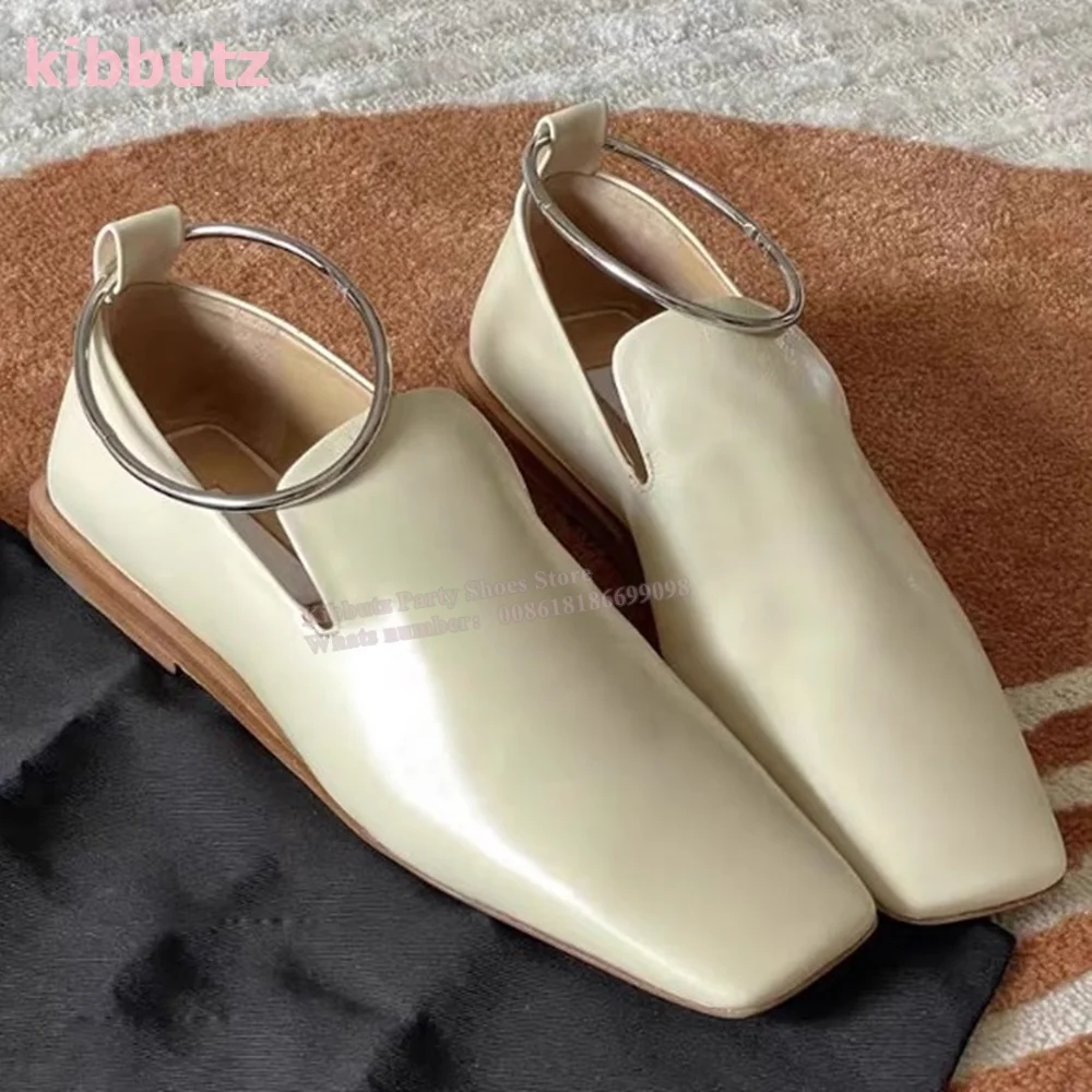 

Metal Ring Single Pumps Chunky Heel Genuine Leather Flat With Bottom Square Head Shallow British Retro Fashion Sexy Shoes Newest
