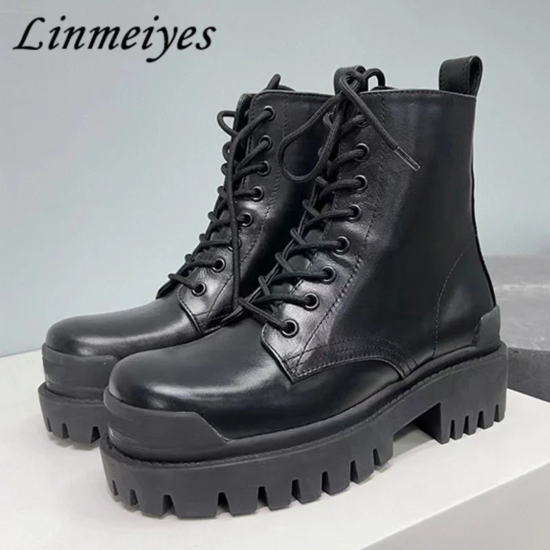 

Classics Black Platform Short Boots Women Genuine Leather Round Toe Lace-up Ankle Boots Female High Quality Knight Boots Woman