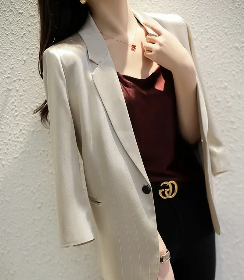 Simple Striped Solid Colors Blazers Spring Autumn Thin Casual Commute Blazers Lapel Single Breasted Suits Chic Business Clothing