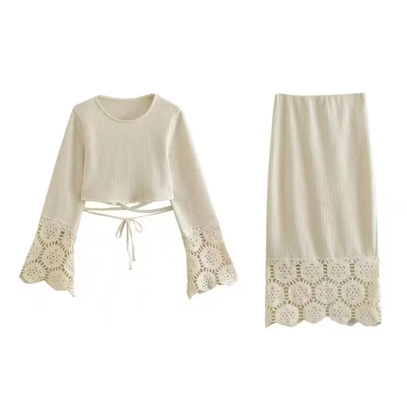 

Женский вязаный крючком комплект, прямая трикотажная юбка с круглым вырезом и персиковый Топ с длинным рукавом в стиле пэчворк, однотонный комплект из 2 предметов, весна-осень