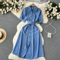 Summer Vintage Green/Blue/Red Turn-Down Collar Single Breasted Dress Casual Short Sleeve High Waist A-Line Midi Robe New Fashion - Image 3