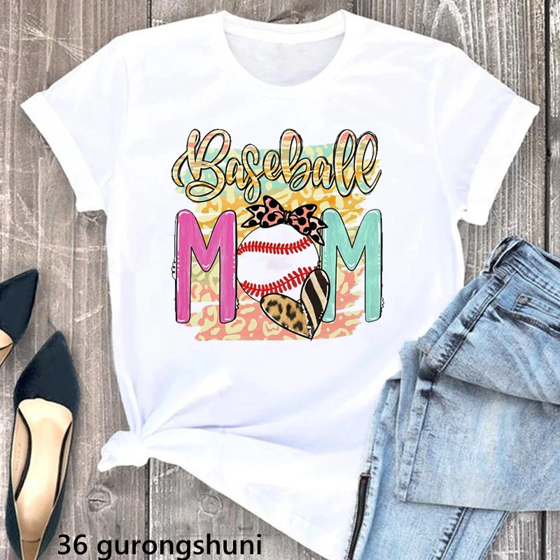 

Watercolor Baseball Mom Print Tshirts Women Leopard Bow Love T Shirt Femme Mother'S Day Gift Female T-Shirt Super Mom Tops