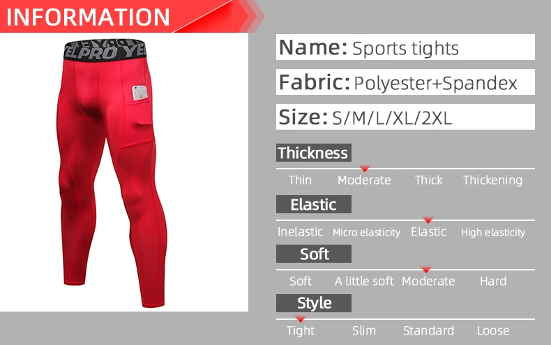 Description Picture 3 of itemMen Polyester Four Way Stretch Basketball Training Leggings Moisture Wicking Fitness Compression Jogging Yoga Pant with Pocket