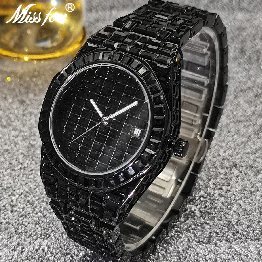 

New Mens Watch Top Luxury Hip Hop Full Baguette Moissanite Wristwatch Iced Out Black Waterproof AAA Clocks Relogio Masculino