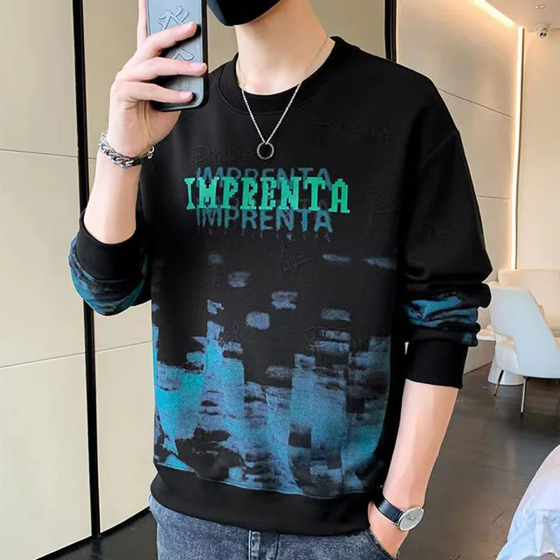Fashion O-Neck Spliced All-match Printed Sweatshirt Men Clothing 2023 Autumn New Oversized Casual Tops Loose Korean Sweatshirts