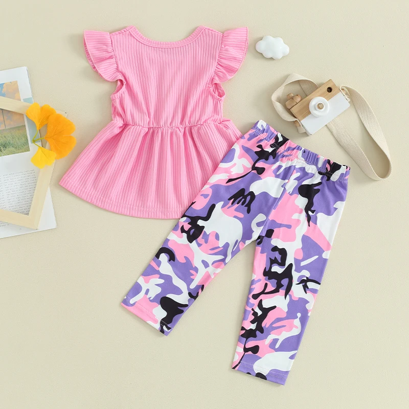 

Baby Girl Summer Clothes Ruffle Sleeve Shirt Solid Ruffle Hem Top Long Pants Set Toddler Camouflage Outfits 0-3T