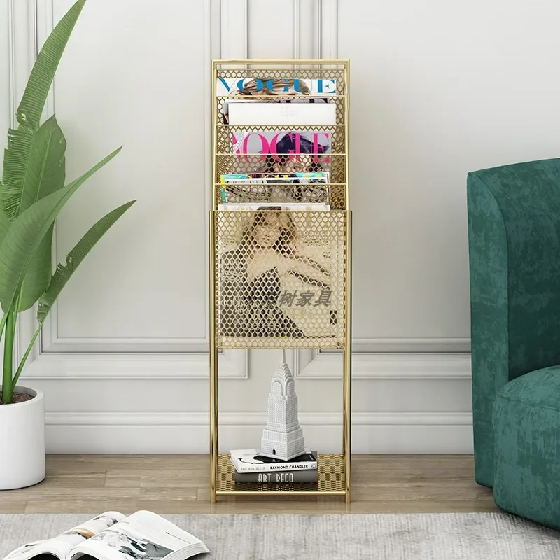 Golden Iron Magazine Rack MultiLayer Bookshelf, Office Display Shelves, Room Decor Storage, Elegant Organization