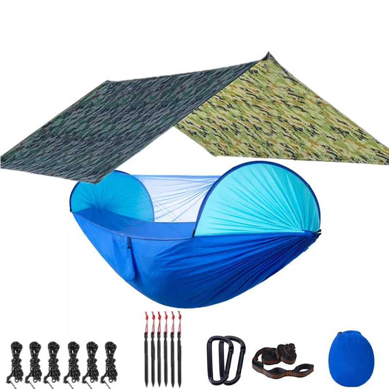 Camping Hammock with Mosquito Net and 118x118in Rain Fly Tarp,10-ring Tree Strap Hammocks Swing for Backpacking, Survival,Travel 