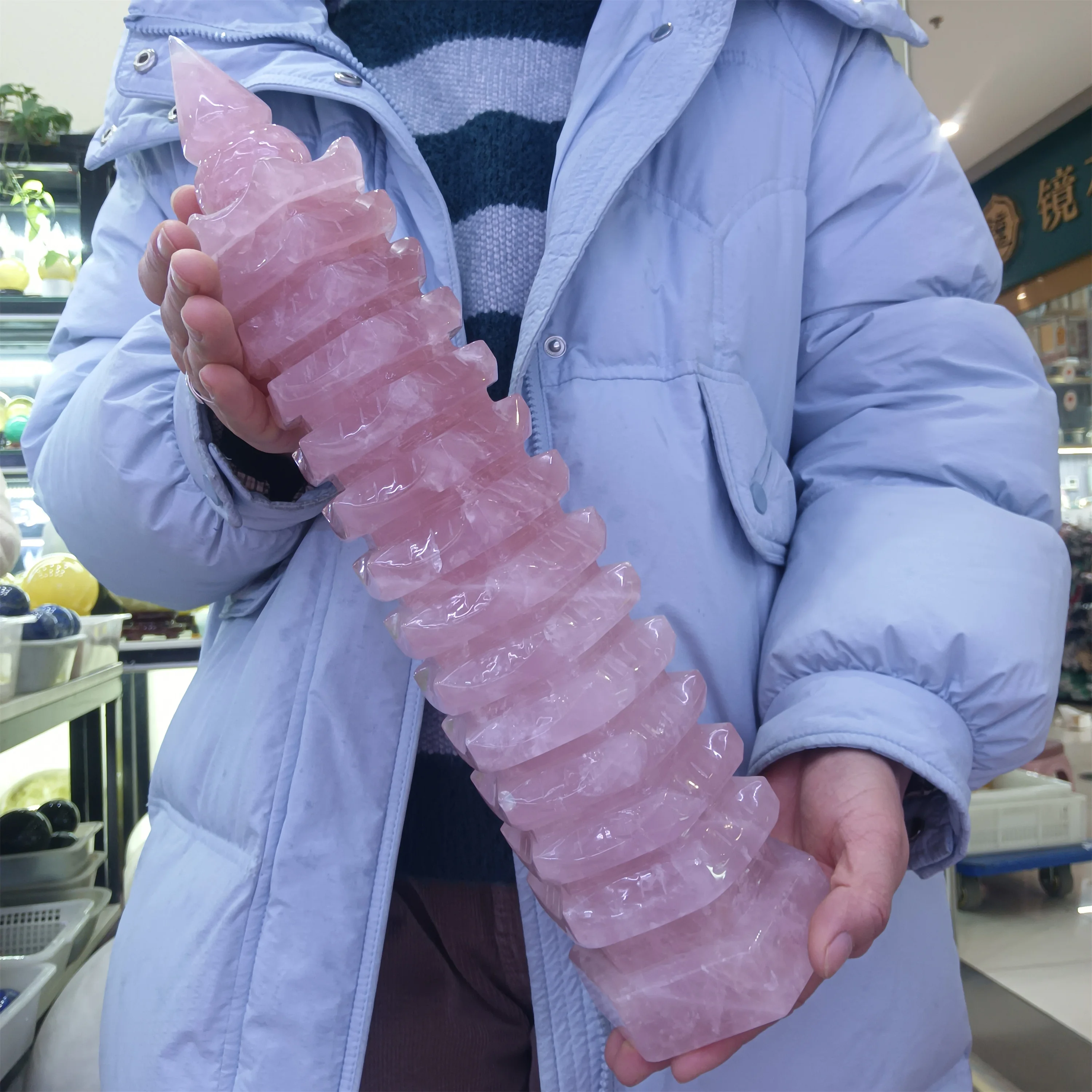 

Huge Natural Pink Crystal Carving Wenchang Tower, Quartz Crystal Mineral Healing Wealth Gem, Home Office Degaussing Decoration
