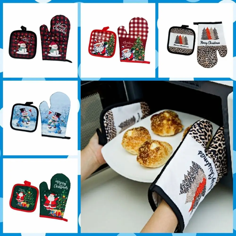 2pc/set Anti-Heat Christmas Microwave Glove Potholder Thickening Printing Christmas Oven Mitts Insulation Insulation Pad Baking silicone oven mitts kitchen gloves silicone oven gloves cotton pot holders