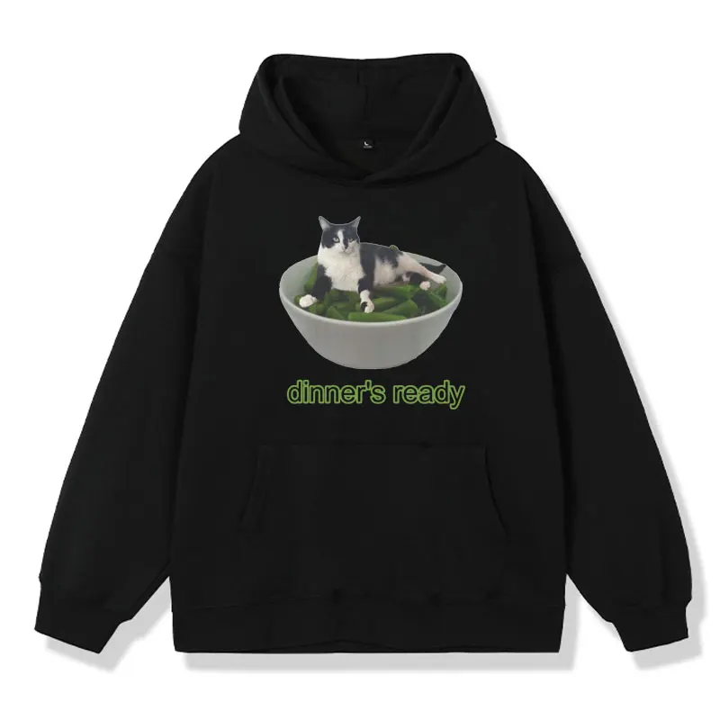 Dinner's Ready Bean Cat Funny Graphic Hoodie Men Women Cartoon Oversized Cotton Fleece Pullover Fashion Sweatshirt Y2k Clothes