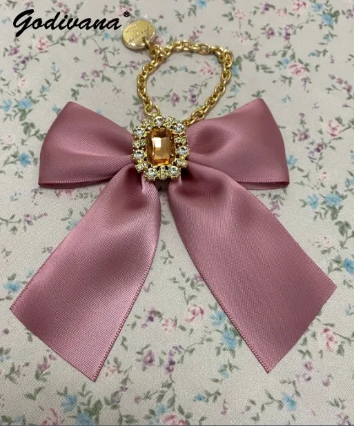 Japanese Colorful New Double-Sided Satin Diamond Gem Cute Bow Jewelry Bag Ornaments Lady Girls Bag Charms Pendant for Handbag