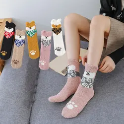 Coral Fleece Socks Women Winter Warm Smile Face Bear Cartoon Home Sleep Thick Smiley Socks For Girls Harajuku Kawaii Cute Sock