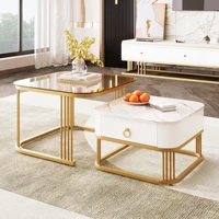 Anajqaqia Ensemble de 2 tables basses empilables, aspect marbre brillant et plateau en verre, accents dorés, table d'appoint avec tiroirs 4