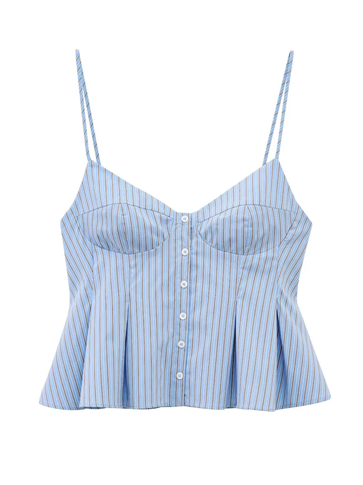 TFMLN 2025 Fashion Women's Camisole Tops Summer Causal Sleeveless Striped Strap Shirts High Street Ladies Folds Hem Tops