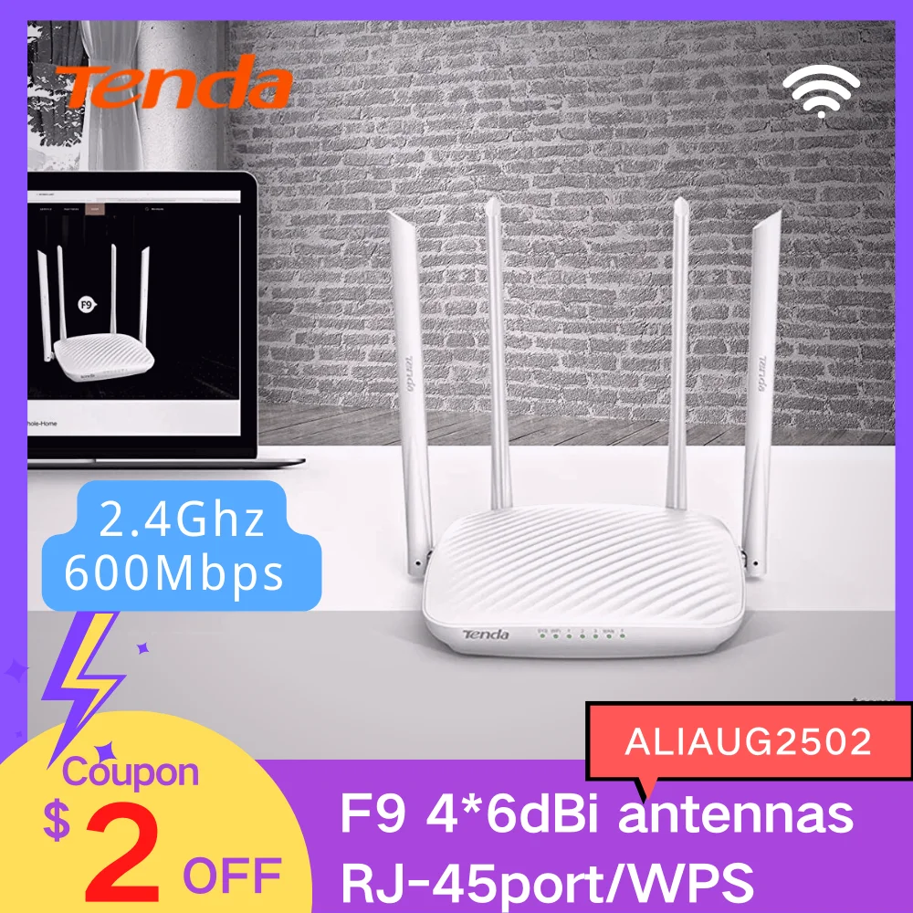 

Tenda 600Mbps Wi-Fi router 2.4GHz F9 Wireless WiFi Router Home coverage Wi-Fi Repeater 4*6dBi High-gain antennas Beamforming APP