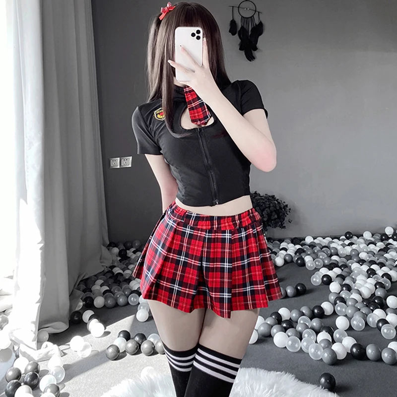 Tartan Patchwork Japanese Schoolgirl Cosplay Uniform Set Sexy JK Embroidery Pleated Role Playing Costume Plaid Skirt Socks women cosplay costume