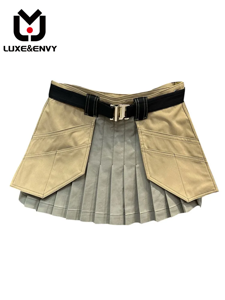 

LUXE&ENVY YIMENG Waist Belt Contrast Color Splicing Pleated Waste Soil Design Sense Short Half Skirt 2023 Autumn