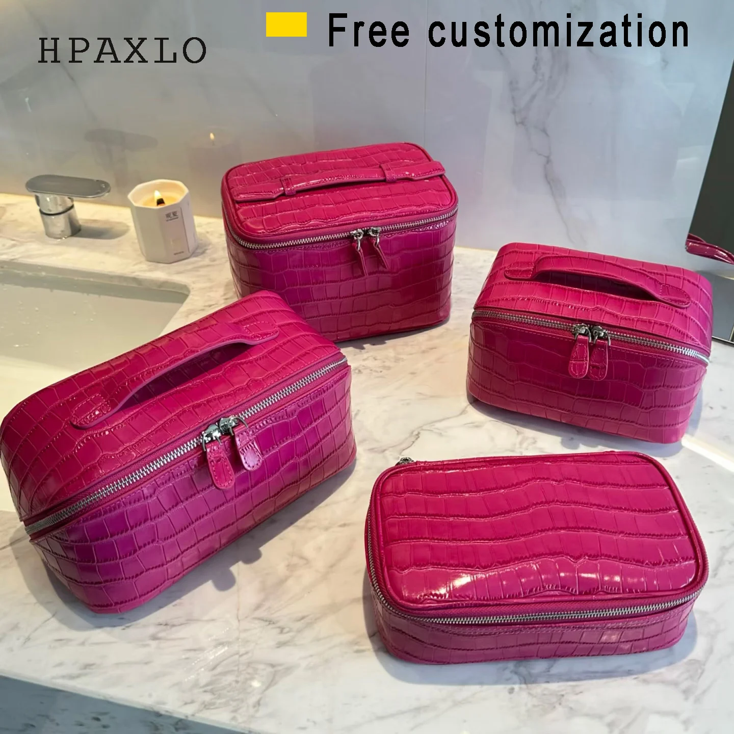 Crocodile Pattern Cowhide Cosmetic Bag Rose Red Light Luxury Genuine Leather Women Travel Portable Toiletry Storageanity Case 1