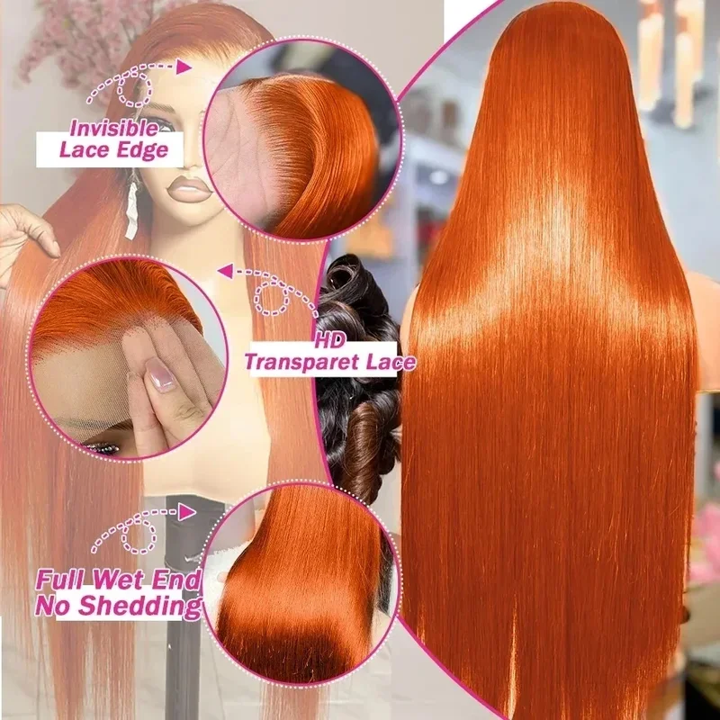 32 36 Inches Straight Ginger Orange Lace Front Human Hair Wig 13x4 13x6 HD Lace Frontal Colored Wigs Preplucked For Women