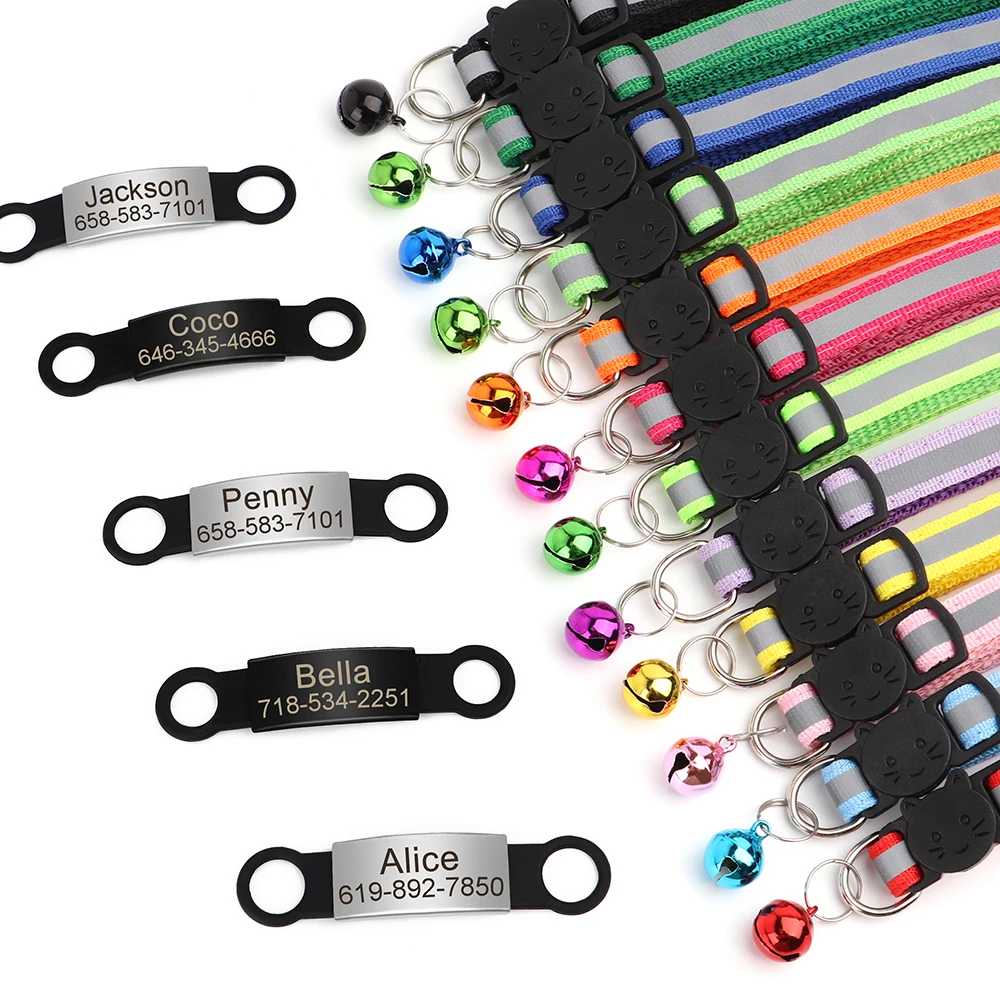 Customized Reflective Cat Collar with Free Engraved ID Nameplate, Bell & Anti-Lost Design
