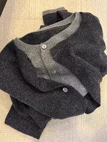 Fake Two 100% Pure Cashmere Sweater Cardigan Dark Grey High-grade Wool Knit Coat Top 1