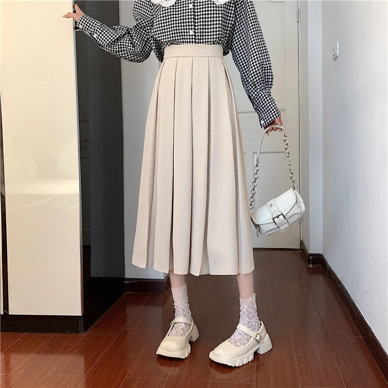 PLAMTEE Mid-Length Pleated Skirts Women S-L 4 Colors New A-Line Fashion High Waist Solid Slim Casual Summer Daily Streetwear OL skirt and top