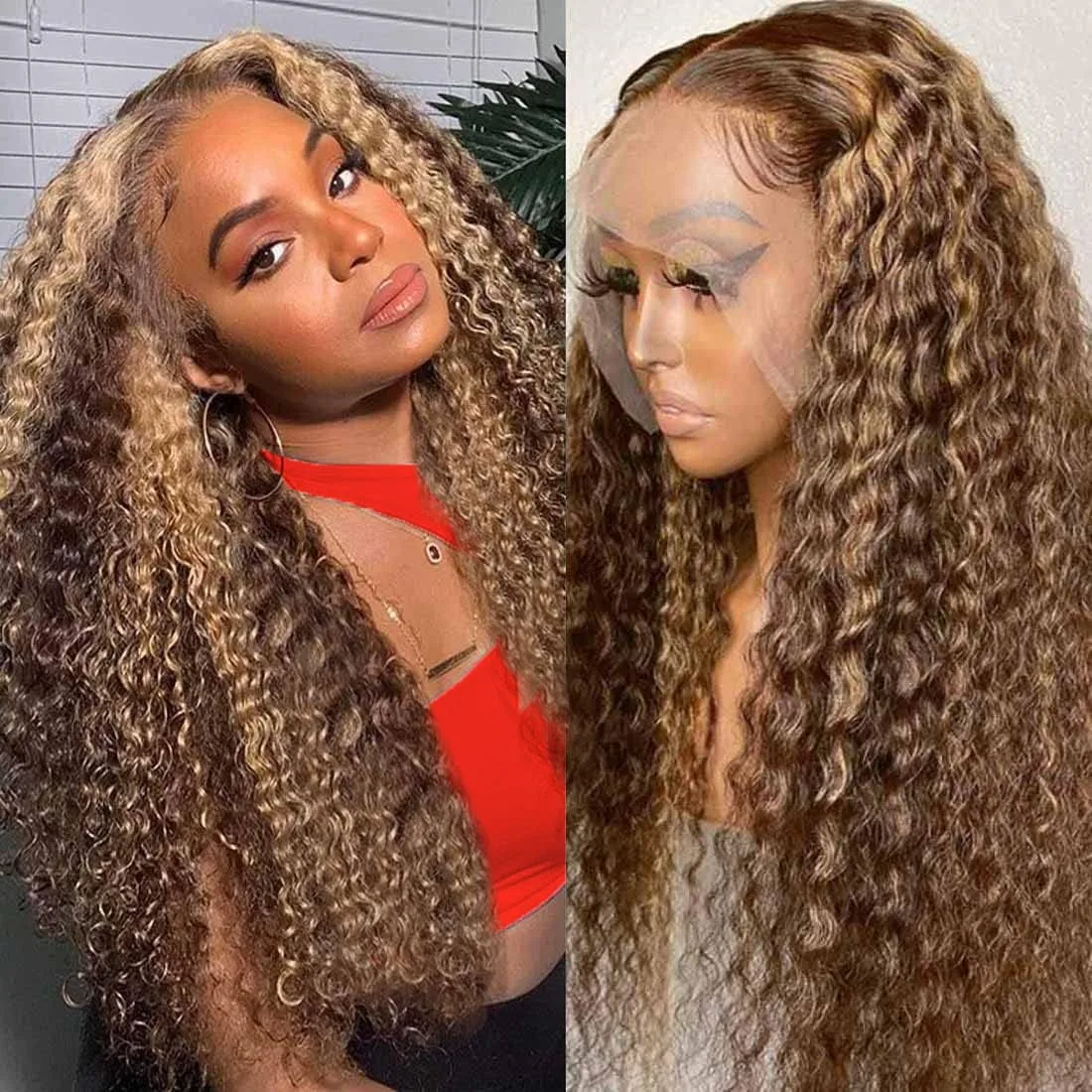 34 Inch Highlight Deep Wave Lace Front Wigs Human Hair 250% Density Deep Curly Human Hair Wig Pre Plucked P4/27 Ombre Lace Frontal Wigs With Baby Hair For Women 2