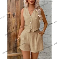 الصيف القطن الكتان مجموعات المرأة الصلبة عادية قطعتين مجموعات موضة جديدة مثير الخامس الرقبة سترة دون أكمام القمم والسراويل دعوى النساء 4
