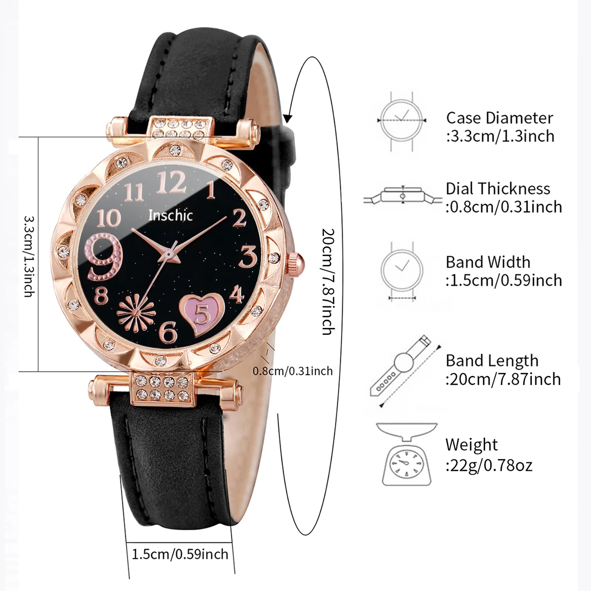 3pcs/set Women Ladies Fashion Leather Strap Heart-shaped Dial Quartz Watch Black White Pink Set