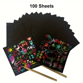 100pcs Scratch Art Cards Set - Magic Rainbow Painting Kit for Family Bonding, DIY Craft Activity  Stencils &  Bamboo Stick