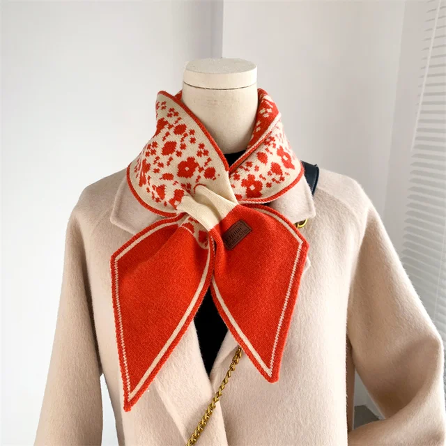 Plaid Letter Knitted Neck Scarf Women Fashion Printed Skinny Long Narrow Collar Scarves Female Winter Warm Thick Hairbands Ties 2