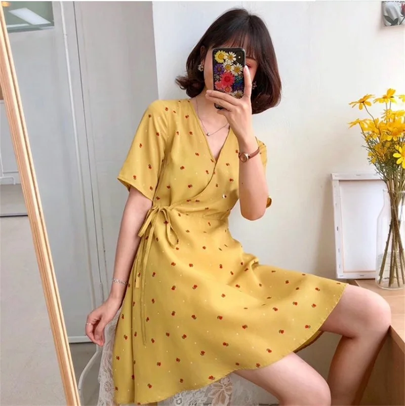 

Little Red Flower Print Summer Dress Women Sweet High Waist Short Sleeve Dress Cottagecore Cute Chic Girl Streetwear Fairy Dress