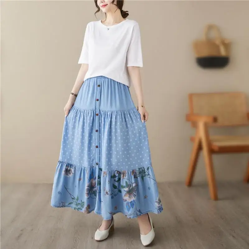 

Casual Vintage Denim Skirt Floral Print A-line Pleated Long Skirts Summer Women Elegant Holiday Clothes Elastic Waist Midi Skirt