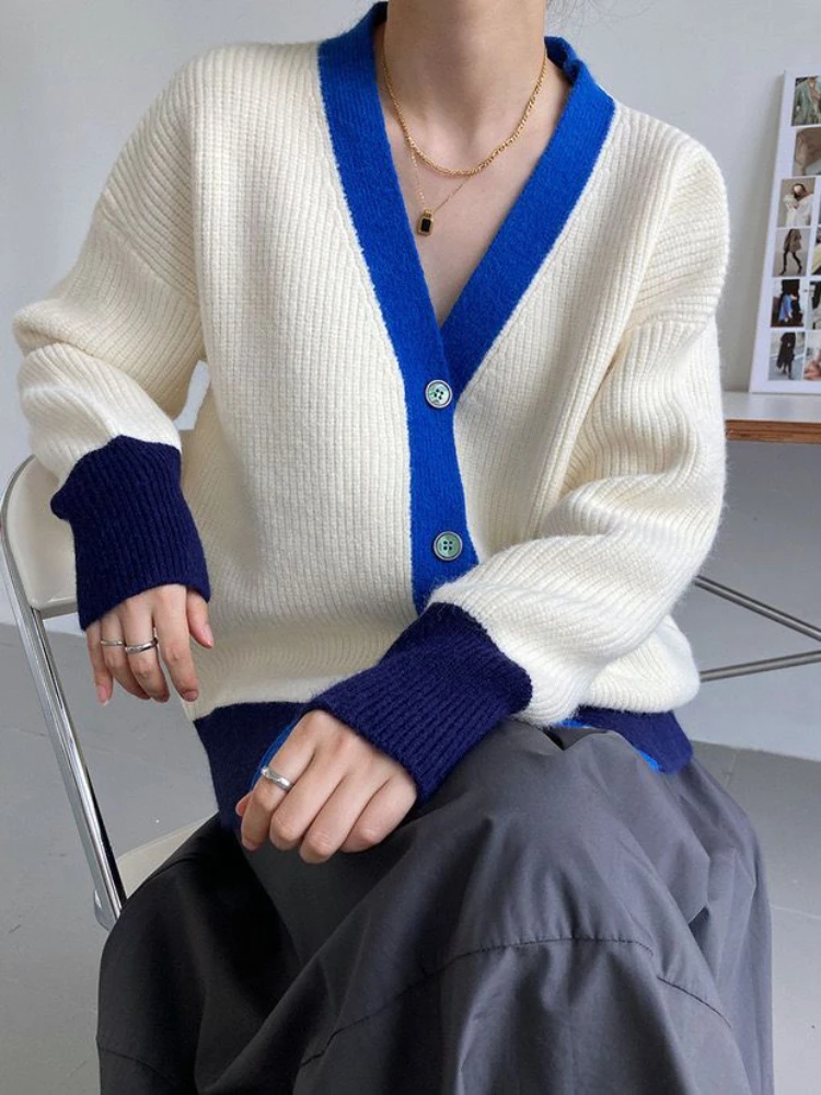 

Loose Long Cardigan Woman V-neck Blue Single Breasted Winter Sweater Woman Contrast Color Design Fashion Solid Knitted Cardigan