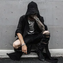  Spring and Summer Men's Black Harajuku Mid Length Loose Casual Long Sleeve Shirt Stage Costume Halloween Costume 