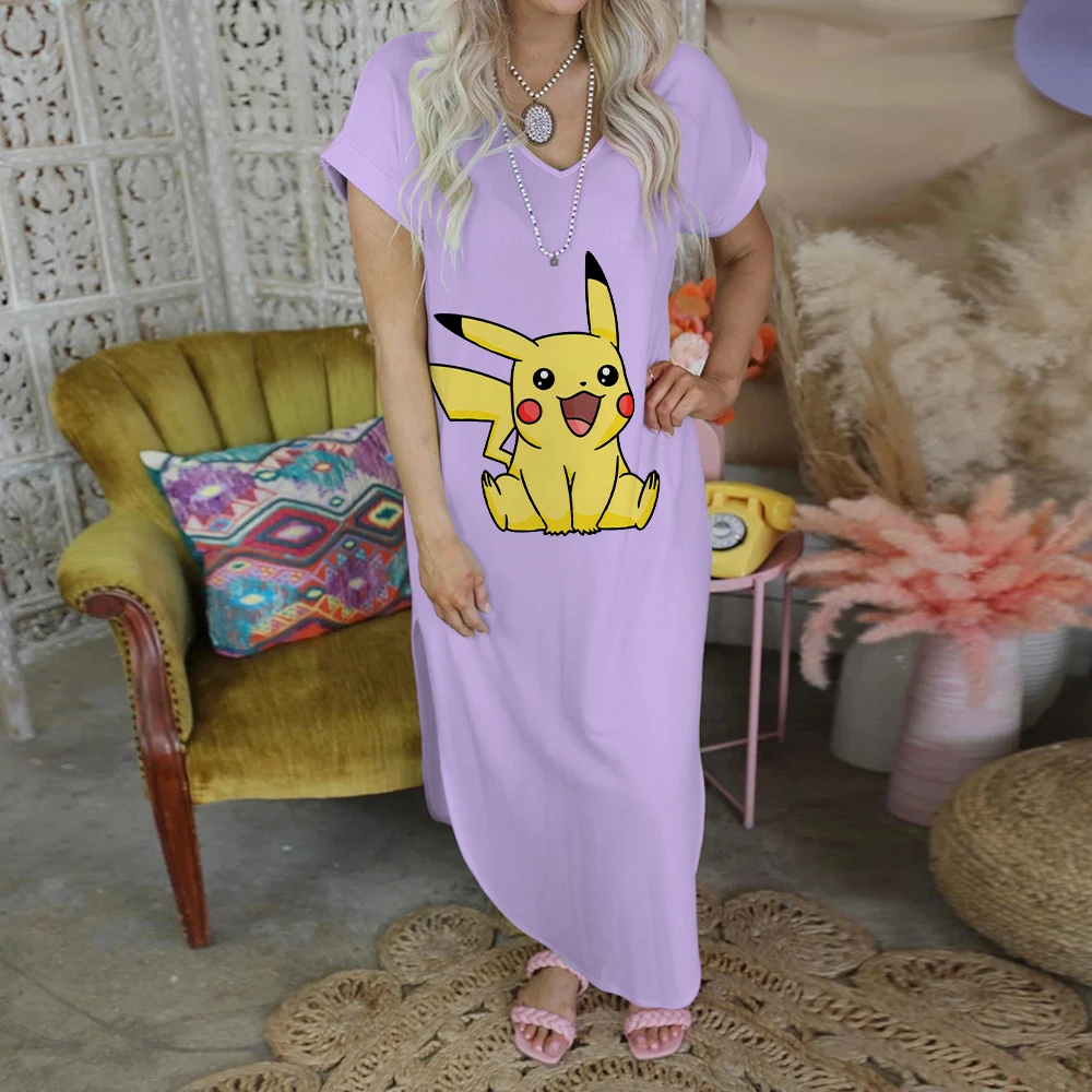 

Maxi Dress Print Elegant Casual Women's Dresses Fashion Pikachu Zevity Robe Pokemon Split Skirt Summer 2023 Evening Party Long