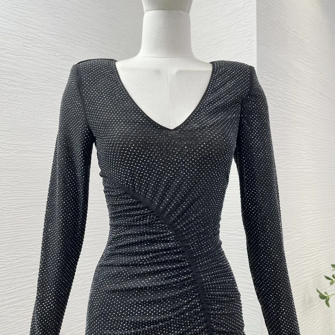 Black New High Quality Diamonds Pressed Long Sleeve  Bodycon Tight Pleats Women Party Midi Dress