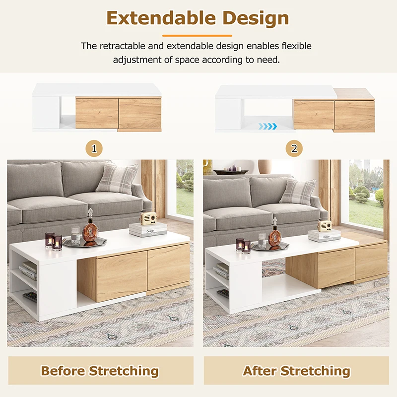 Extendable Coffee Table with 2 Storage Drawers,Center Table with Sliding Tabletop, Multi-functional Hidden Storage Sofa