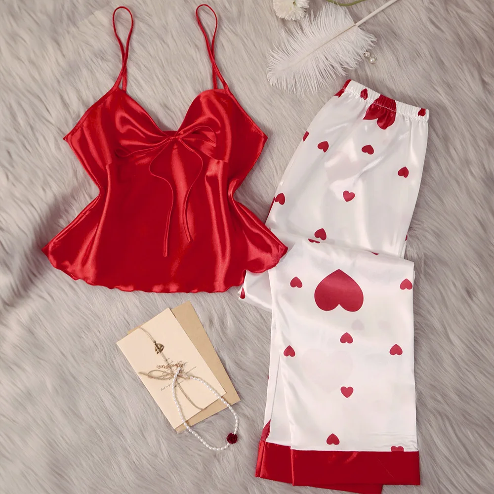 Sexy Pajama Two-Piece Set Red Camisole Tops Print Pants Loungewear Women Pijamas Suit Soft Suspenders Sleepwear Outside