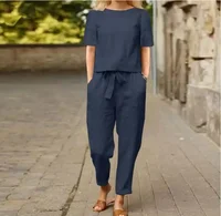 Ensemble deux pièces chemise et pantalon pull pour femmes, costume d'été en coton et lin, manches courtes, col rond, pantalon 1