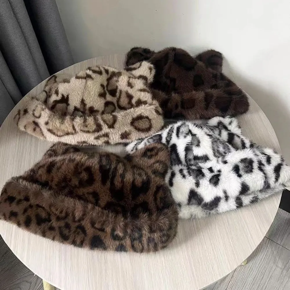 Retro Herbst Winter Fischer Hut Plüsch Warme Becken Hut Leopard Print Katze Ohr Mongolischen Hut Ohr Schutz Hut – Detail 8